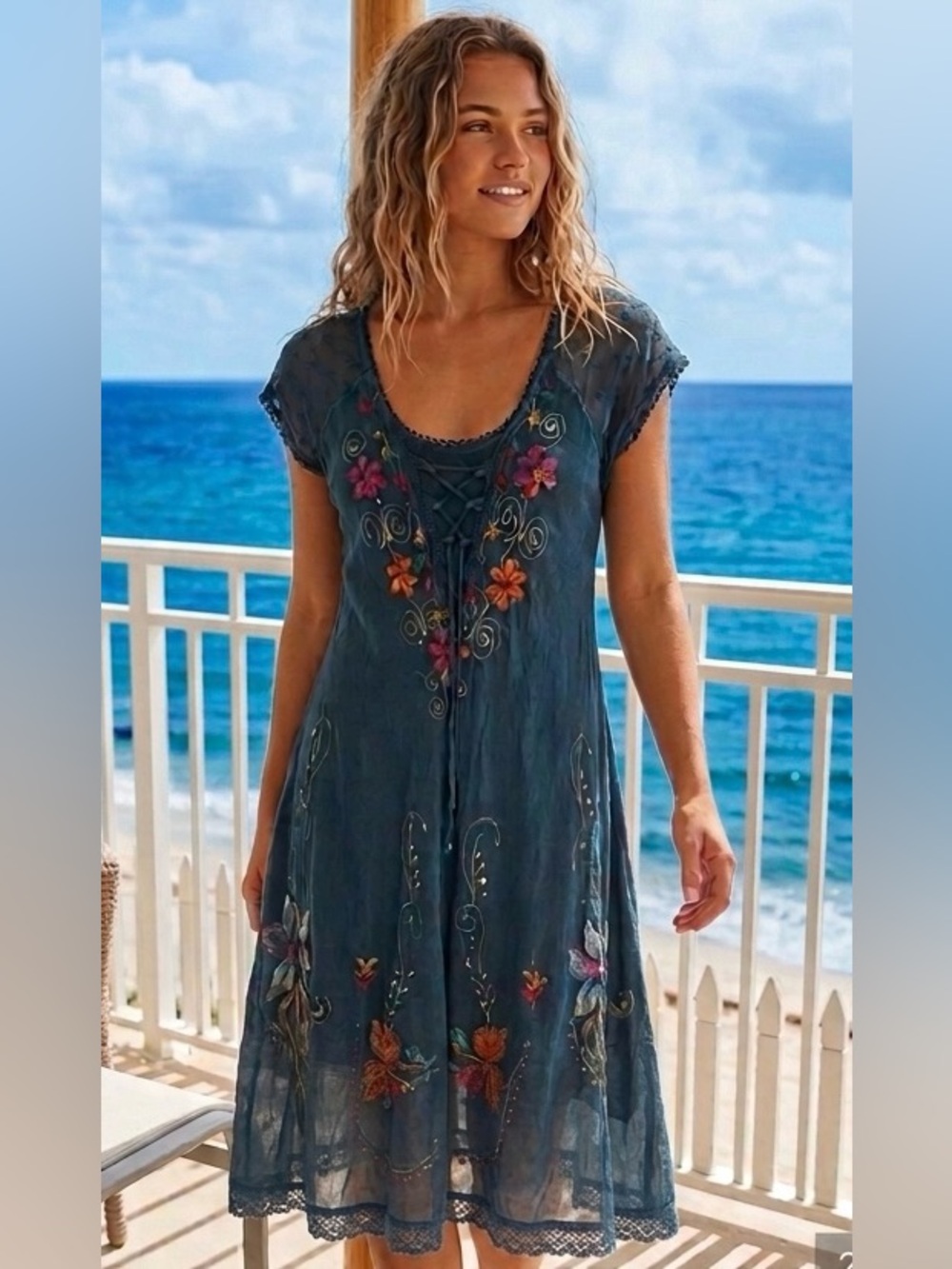 SHORELINE FLORAL MIDI DRESS blue Embroidered